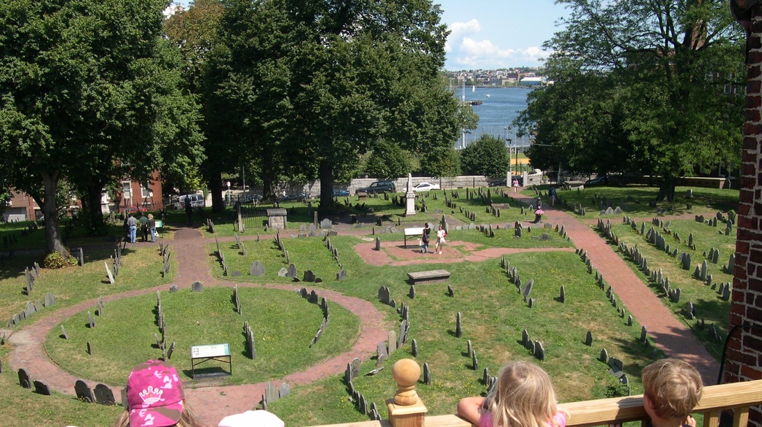 Rooftop view of historic Copp's Hill Burying Ground, North End, Boston. 